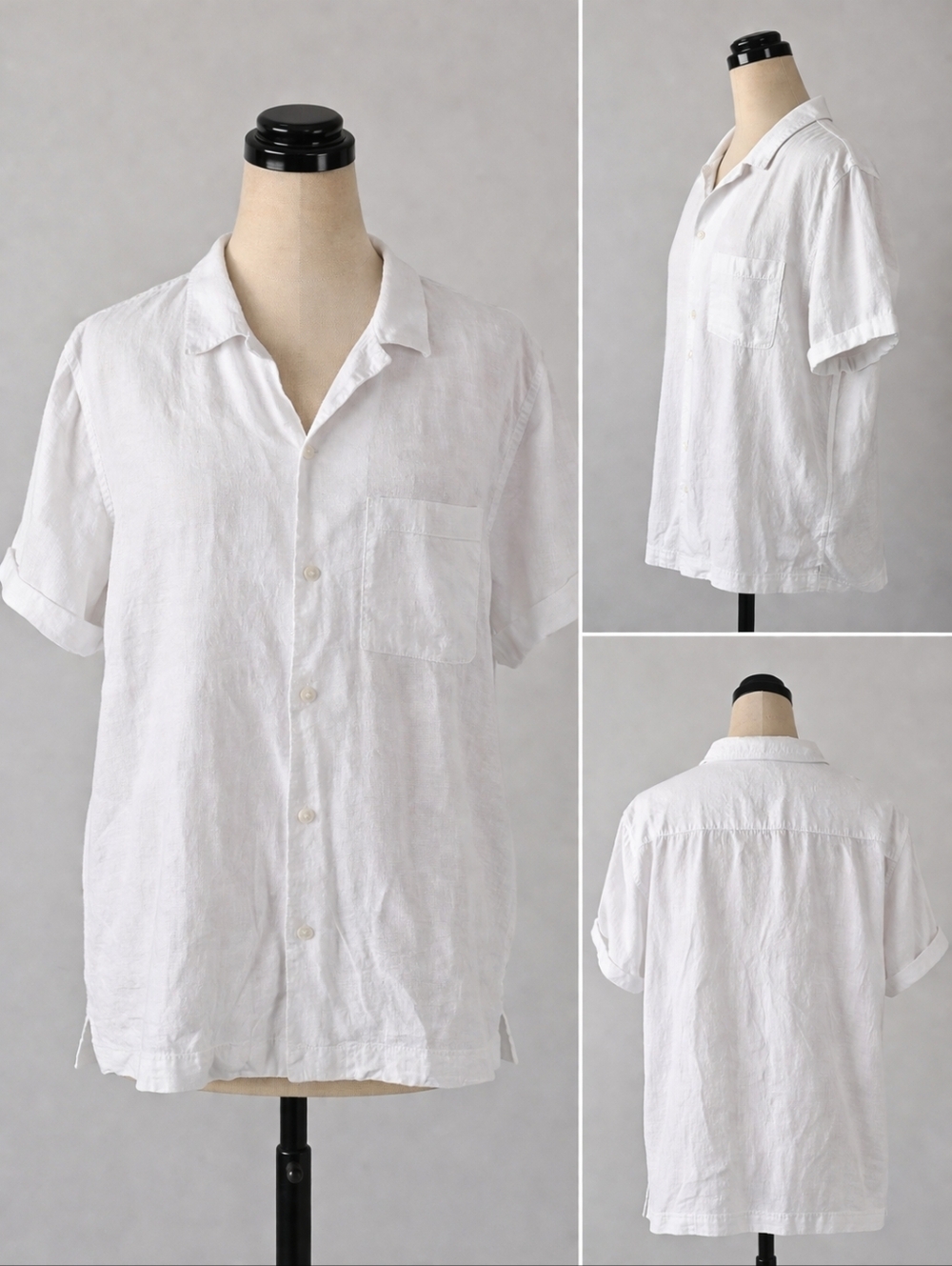 H&M White Linen Shirt Short Sleeve Men L Casual Button Down